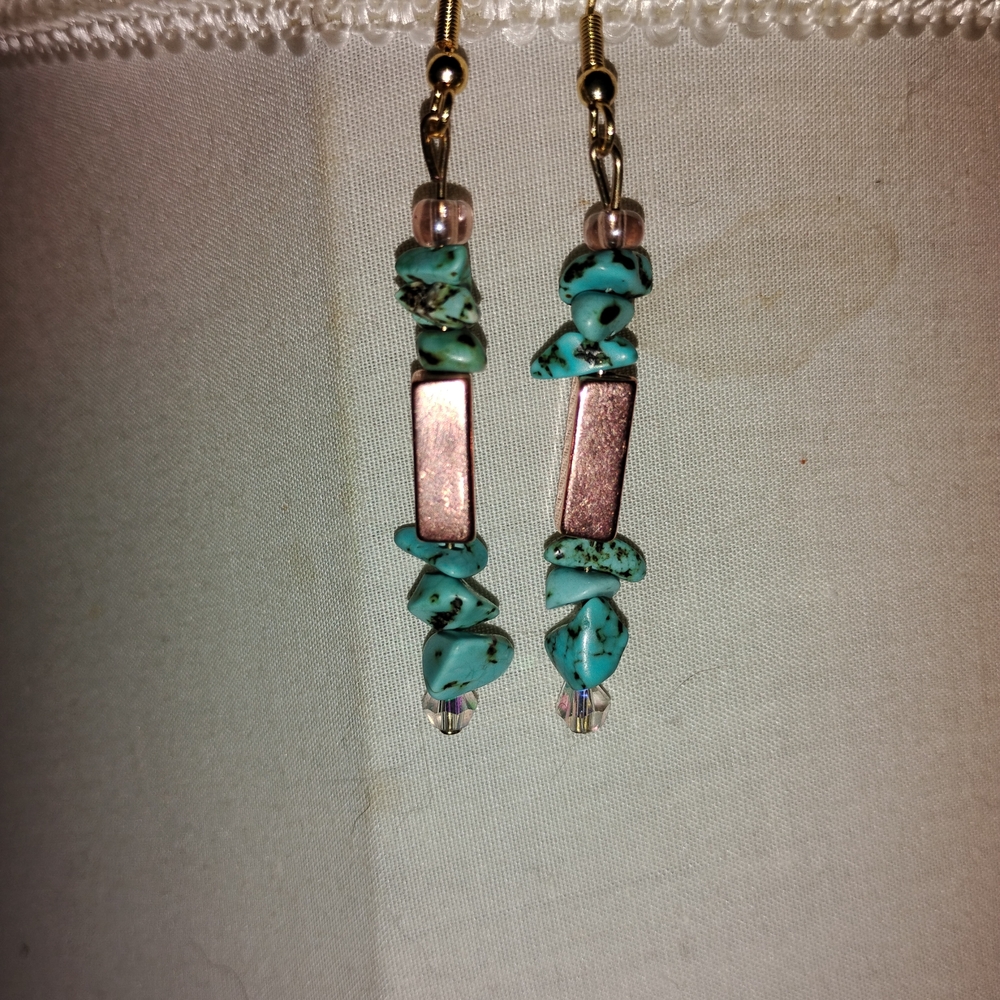 Turquoise Chip & Rose Gold Bar Bead Drop Earrings